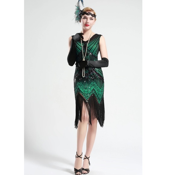 Black and Green glass beaded Fringe Flapper Dress - Picture 6 of 8